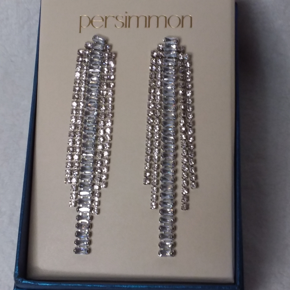Multi-dangle Pierce Earrings Clear Rhinestones Borealis Baguettes Persimmon